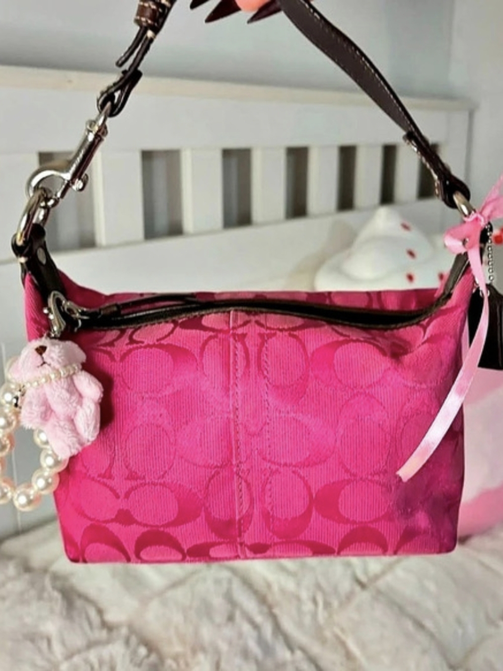 Coach Soho Mini Signature Hobo Bag Pink & Brown